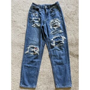 American Eagle Mom Straight Jeans Distressed Patchwork‎ Woman's Size 4